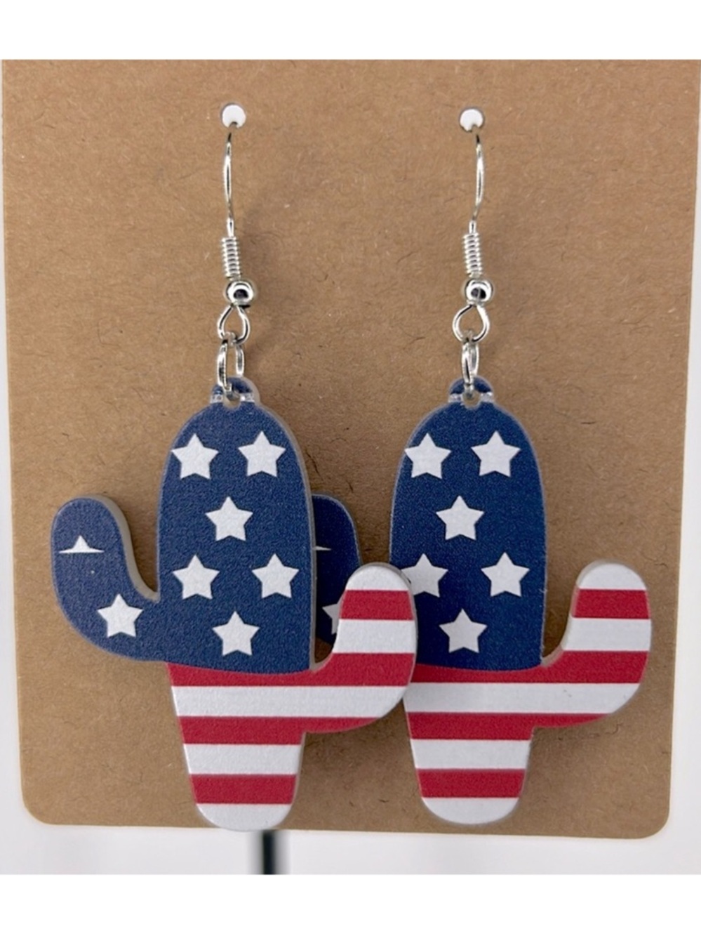 Acrylic Cactus Red White Blue Patriotic Flag Print Hook Earrings Fashion Jewelry